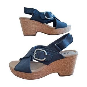 Clarks Giselle Dove Navy Blue Suede Leather Women's Wedge Sandals Size 6.5